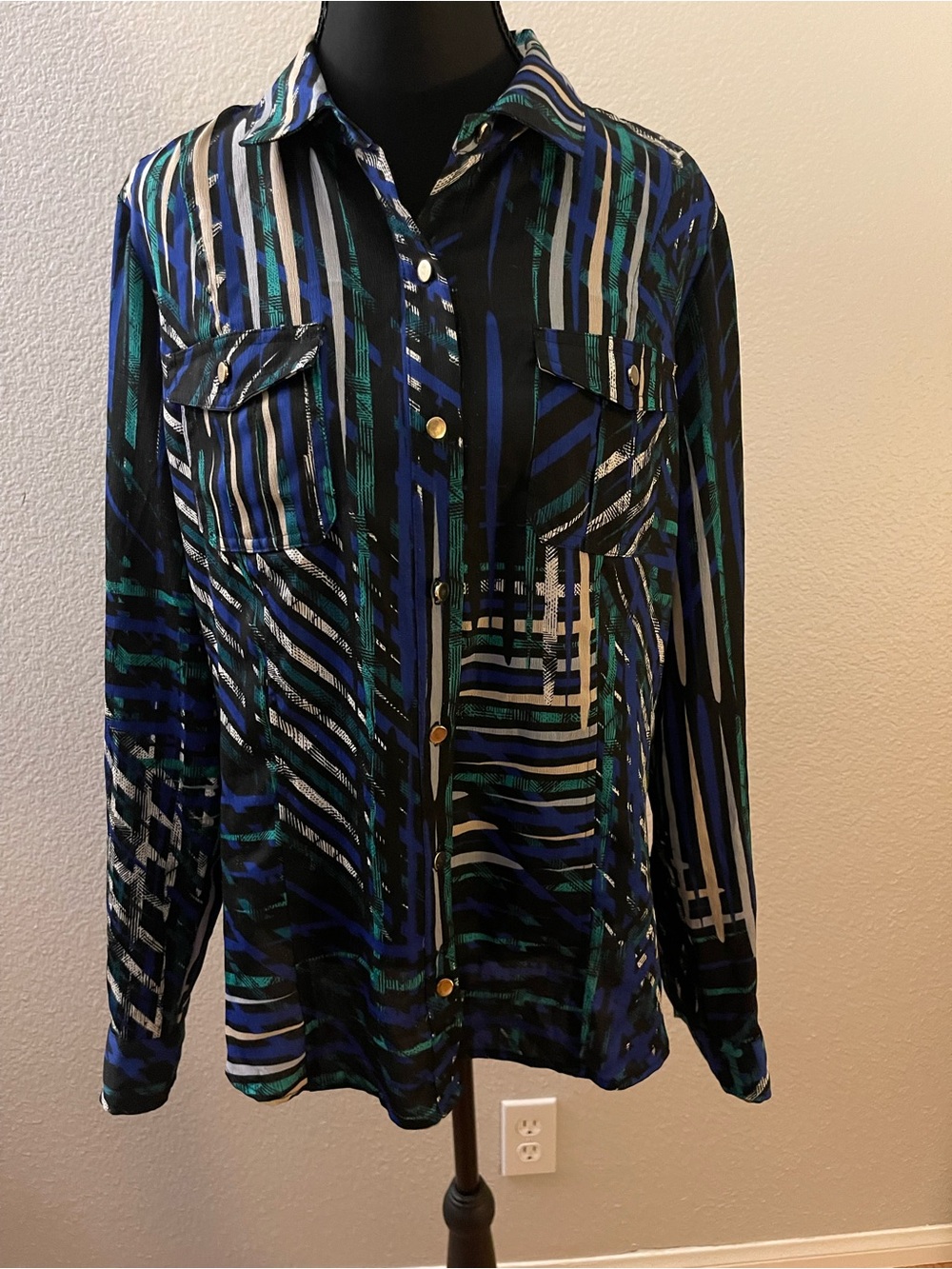 Dana Buchman Black Button-Down Shirt with Blue & Green Stripes